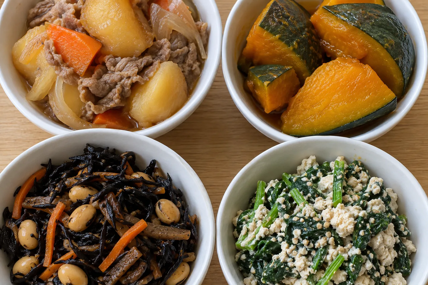 肉じゃが、かぼちゃの煮物、ひじき、ほうれん草の白和えが並ぶ食卓