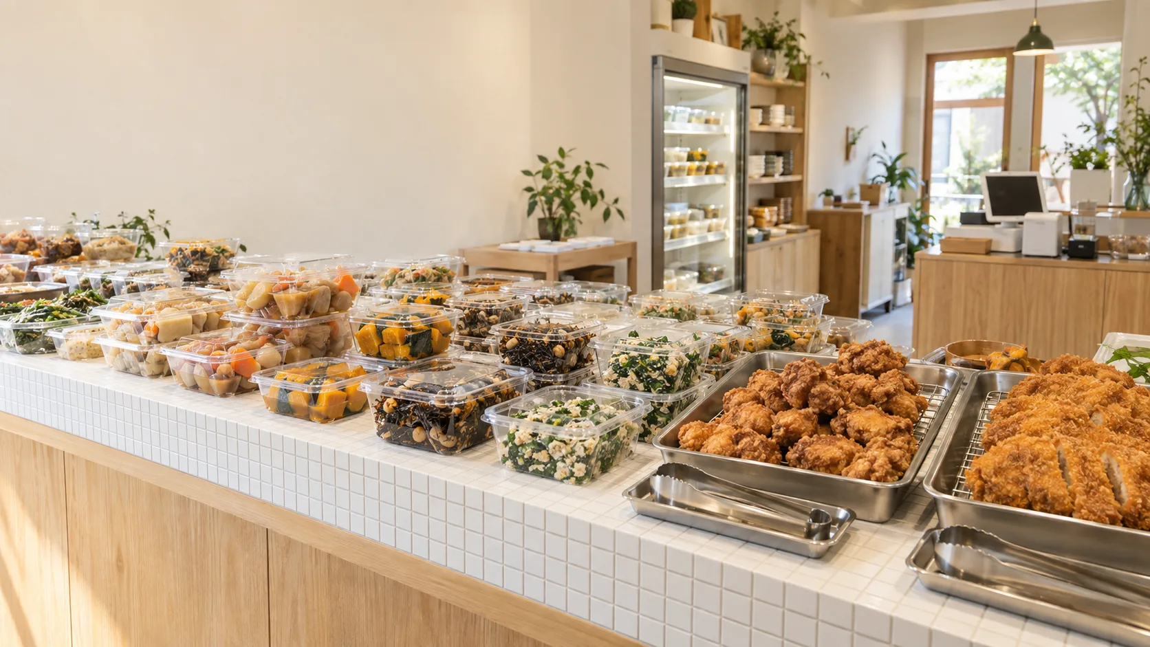 木と白いタイルの明るい店内に、パック入りのお惣菜と揚げ物が並ぶ売場
