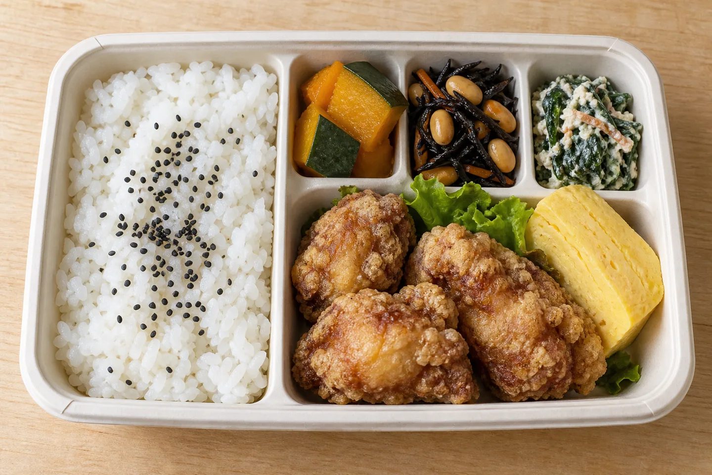 ごはんと主菜、彩りのよい副菜を詰めた日替わり弁当