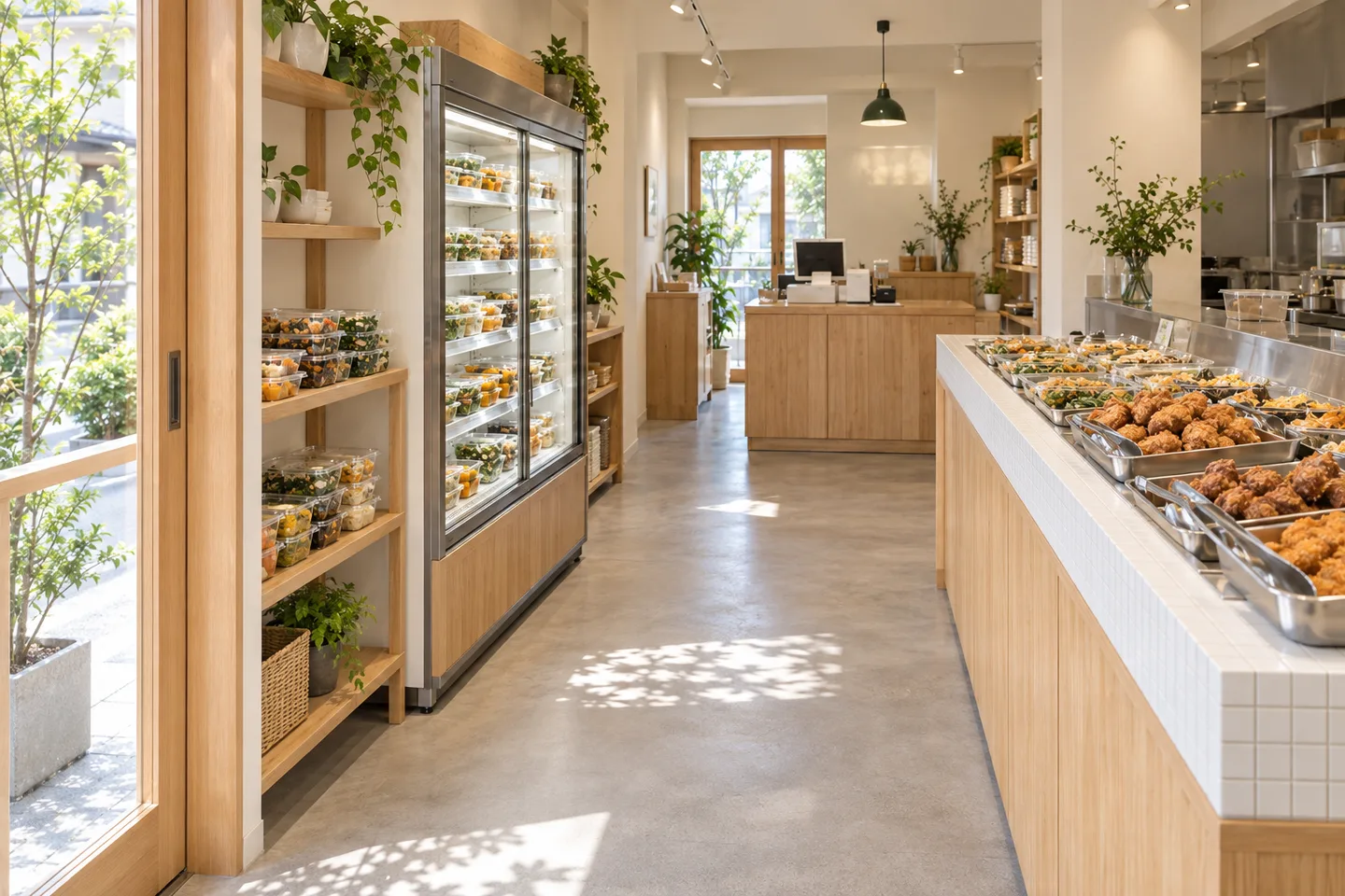 入口から見たおかず日和の店内。商品棚、ショーケースと奥のレジカウンター